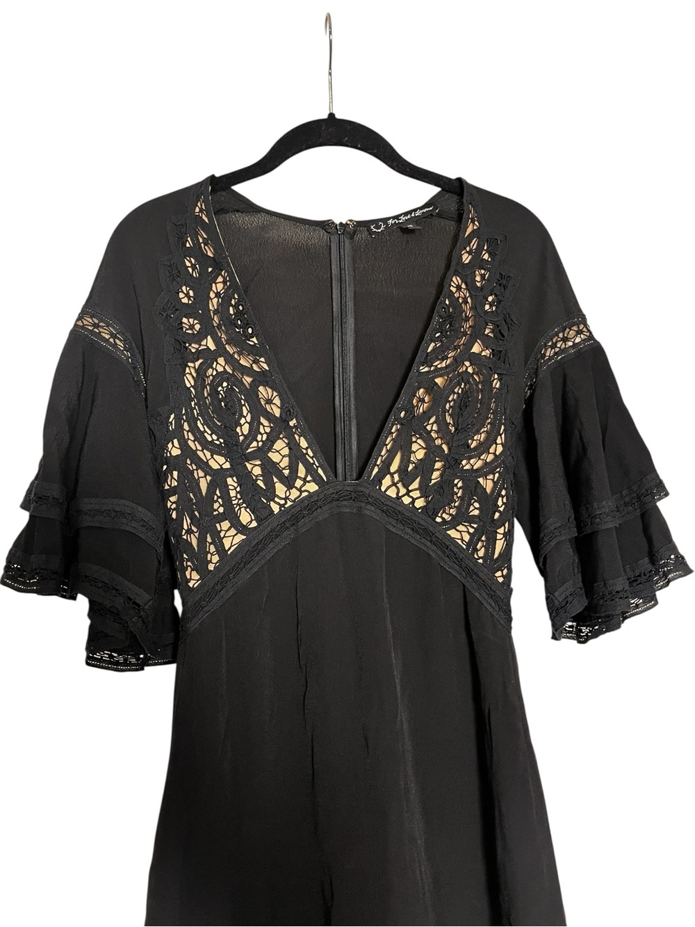 For Love & Lemons Carmine Mini Dress Black Lace Plunge Flutter Sleeve S - Picture 8 of 14